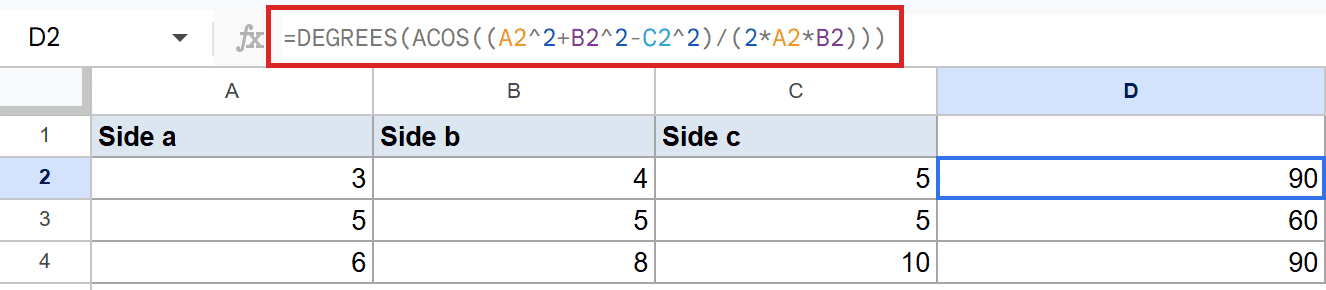 Google Sheets D2 cell is 90; its formula bar displays `=DEGREES(ACOS((A2^2+B2^2-C2^2)/(2*A2*B2)))`.