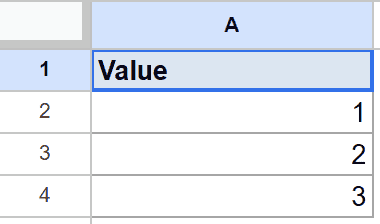 Google Sheets ACOT example 4 dataset: 'Value' in A1, numbers 1, 2, 3 below.