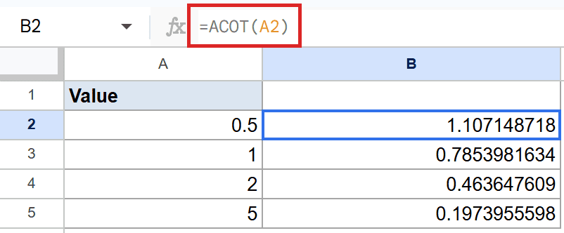 Google Sheets: ACOT(A2) formula in B2 displays result from A2=0.5.