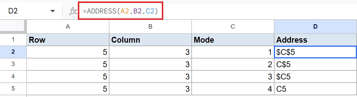 Google Sheets: D2 shows `$C$5`, with formula bar displaying `=ADDRESS(A2,B2,C2)`.