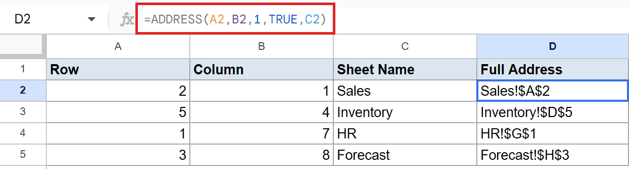 Google Sheets: D2 shows `ADDRESS(A2,B2,1,TRUE,C2)` formula creating `Sales!$A$2` reference.