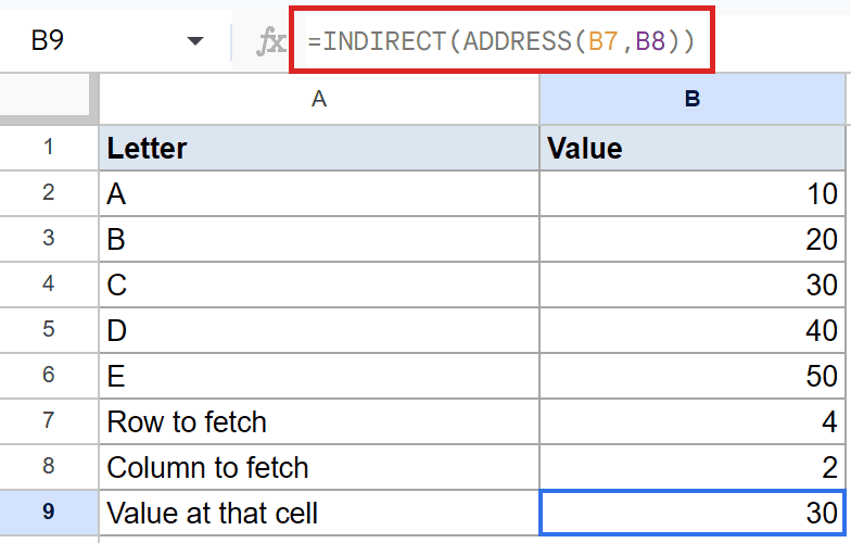 Google Sheets: Formula bar shows `=INDIRECT(ADDRESS(B7,B8))` for cell B9, which displays 30.