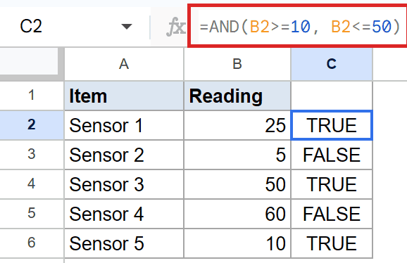 Google Sheets AND function: Formula `=AND(B2>=10, B2<=50)` in C2 returns TRUE.