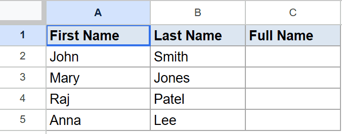 Google Sheets dataset with First Name, Last Name, and empty Full Name columns.
