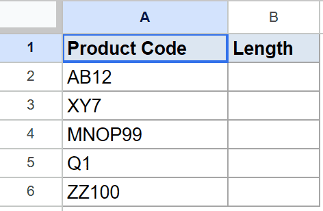Google Sheets dataset with 'Product Code' and 'Length' headers, and five product codes.