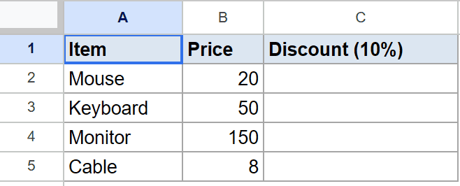 Google Sheets dataset with columns Item, Price, and an empty Discount (10%) column.