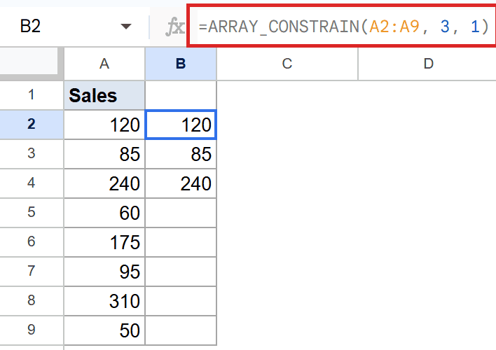 Google Sheets: ARRAY_CONSTRAIN(A2:A9, 3, 1) in B2's formula bar, trimming to 3 rows.