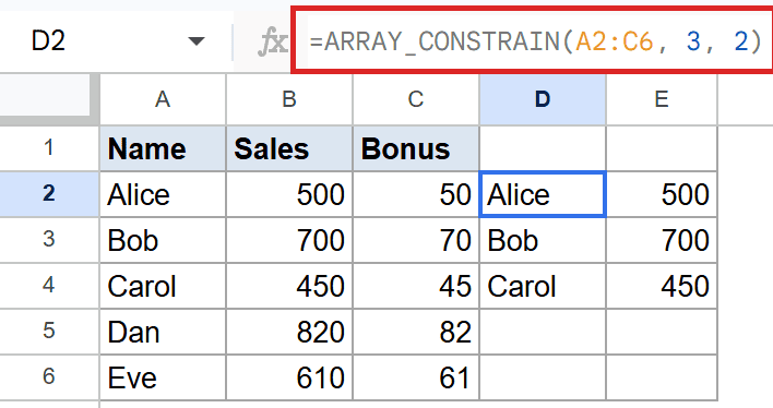 Google Sheets showing ARRAY_CONSTRAIN formula in D2, returning 3 rows and 2 columns.