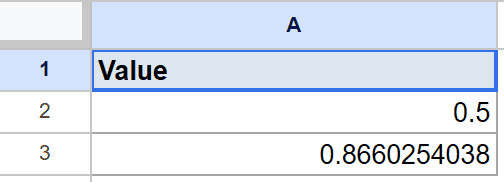 Google Sheets data for ASIN: Column A shows 'Value' header, 0.5, and 0.866 inputs.
