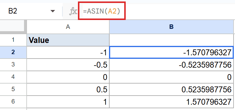 Google Sheets: Cell B2 selected, showing formula `=ASIN(A2)` in the formula bar.