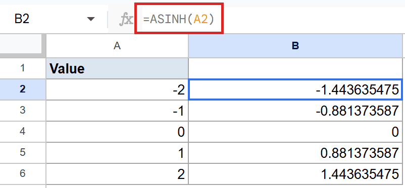 Google Sheets: Formula bar shows =ASINH(A2) calculating inverse hyperbolic sine values.