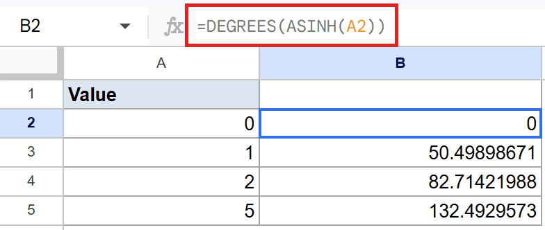 Example 2: Google Sheets formula `=DEGREES(ASINH(A2))` in cell B2.