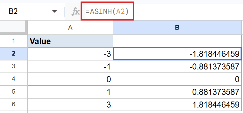 Google Sheets: Formula bar shows ASINH(A2) in B2 for inverse hyperbolic sine.