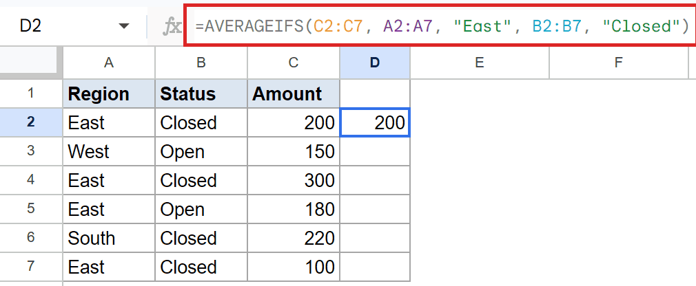 Google Sheets AVERAGEIFS formula in formula bar, returning 200 in cell D2.