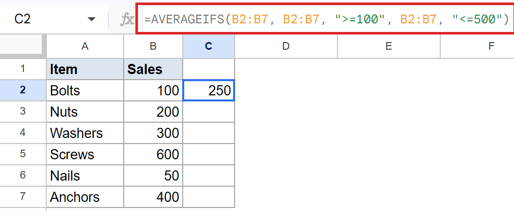 AVERAGEIFS formula in Google Sheets C2 averages sales from 100 to 500.