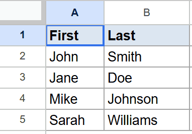 Sheets table with 'First' and 'Last' name columns and four rows of example data.