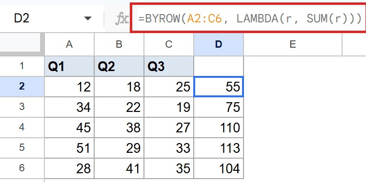 Google Sheets displaying a BYROW LAMBDA formula in D2 summing rows A2:C6.