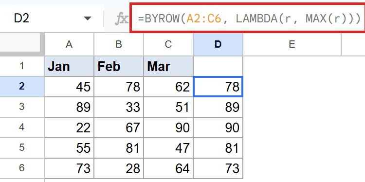 `=BYROW(A2:C6, LAMBDA(r, MAX(r)))` formula in D2 calculates the max value per row.