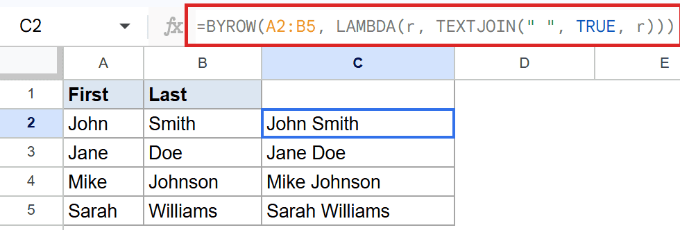 BYROW formula in C2 spills combined names from A2:B5, starting with John Smith.
