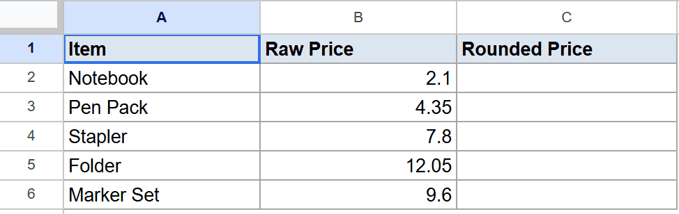 Google Sheet showing product items, raw prices, and an empty "Rounded Price" column.