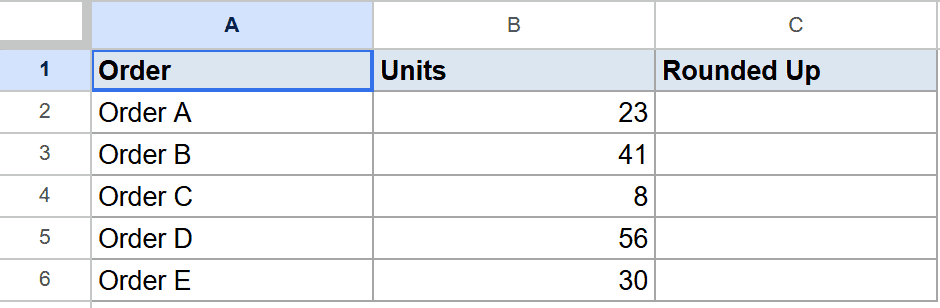 Google Sheet dataset: Order names, Unit quantities, and a blank "Rounded Up" column.
