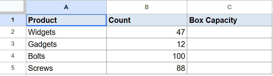 Google Sheets dataset with Product names, Counts, and an empty Box Capacity column.