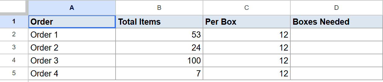 Google Sheets showing Order, Total Items, Per Box, and empty Boxes Needed columns.