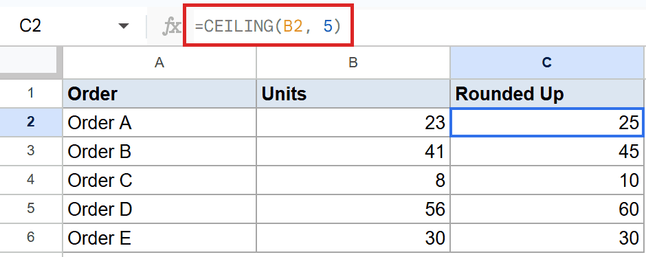 Google Sheets: CEILING(B2, 5) in formula bar, rounding 23 to 25 in cell C2.