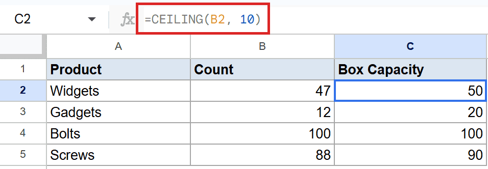 Google Sheets: Cell C2's formula bar shows =CEILING(B2, 10) highlighted, resulting in 50.