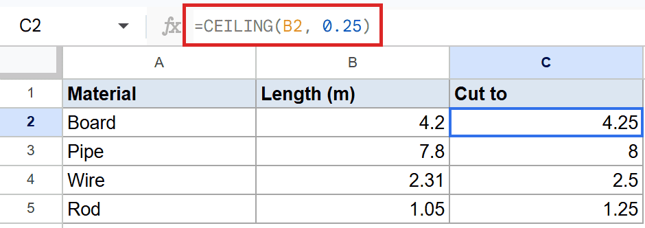 Google Sheets with =CEILING(B2, 0.25) formula in C2, calculating 4.25.