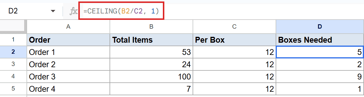 Google Sheets: D2 formula CEILING(B2/C2, 1) calculates 'Boxes Needed' as 5.