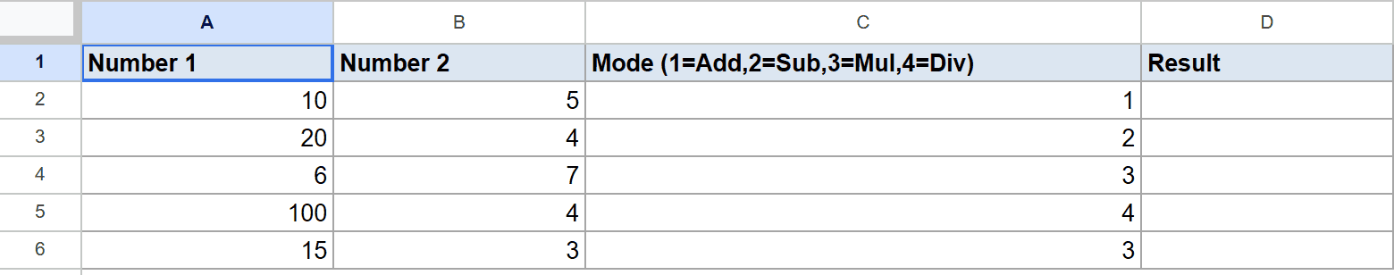 Google Sheets dataset: Number 1, Number 2, Mode (Add/Sub/Mul/Div), with empty Result.