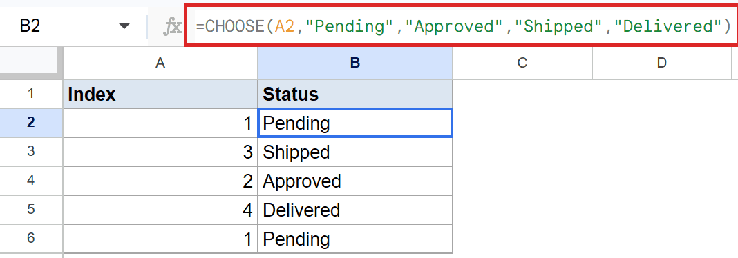Google Sheets CHOOSE formula in B2 uses A2's index 1 to show Pending.