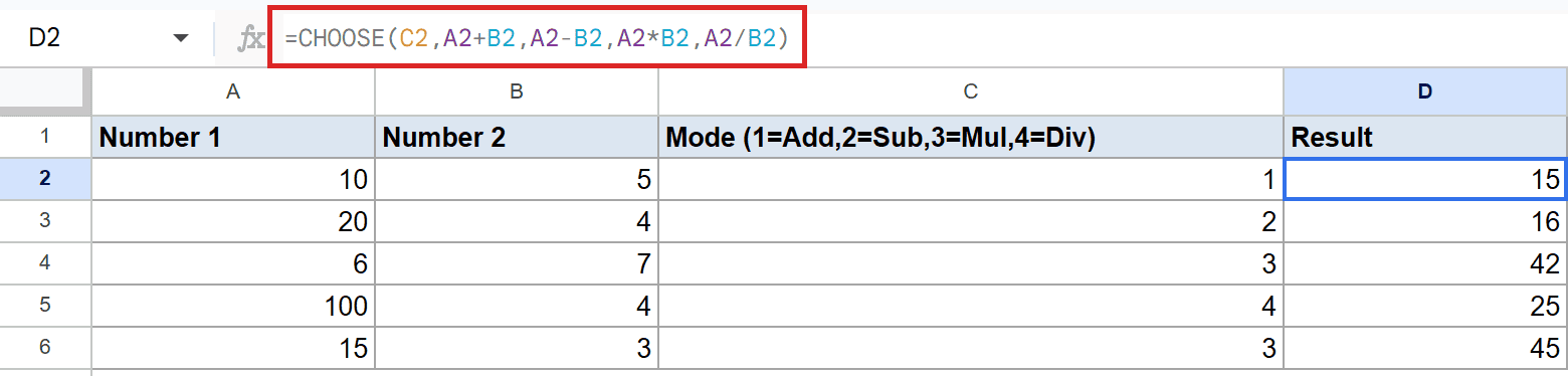 Google Sheets: D2 selected, formula shows CHOOSE(C2, A2+B2, A2-B2, A2*B2, A2/B2).