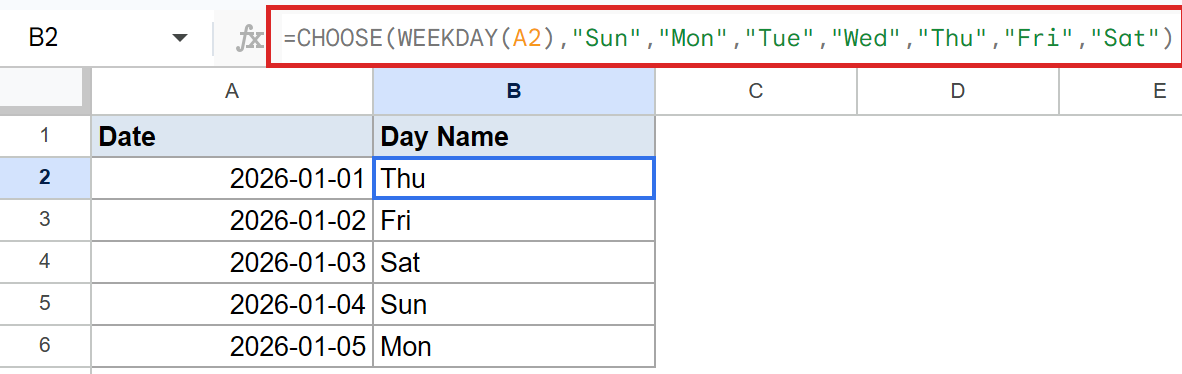 Google Sheets: B2 formula `=CHOOSE(WEEKDAY(A2), "Sun",...)` returns 'Thu' for 2026-01-01.