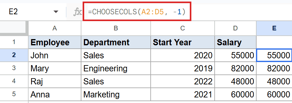 CHOOSECOLS(A2:D5, -1) in E2 extracts the last column, Salary, from the data.