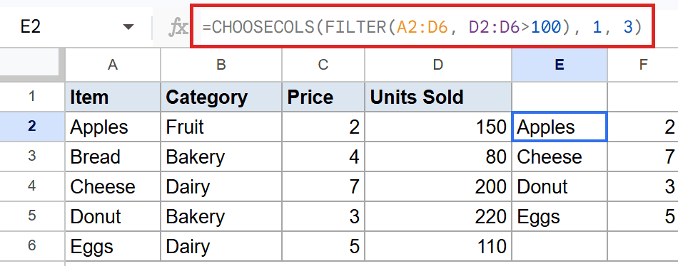 Google Sheets: E2 shows CHOOSECOLS with FILTER, picking columns 1 and 3 (Item, Price).