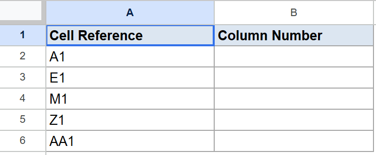 Google Sheet dataset: Column A 'Cell Reference' (A1-AA1), column B 'Column Number' (empty).