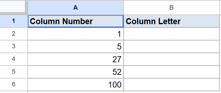 Google Sheet with "Column Number" in A1, "Column Letter" in B1, and numbers in A2:A6.