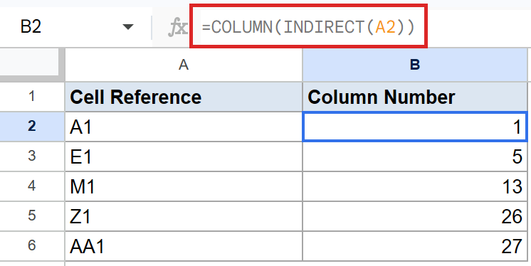 Google Sheets formula bar shows `=COLUMN(INDIRECT(A2))` for cell B2, result 1.