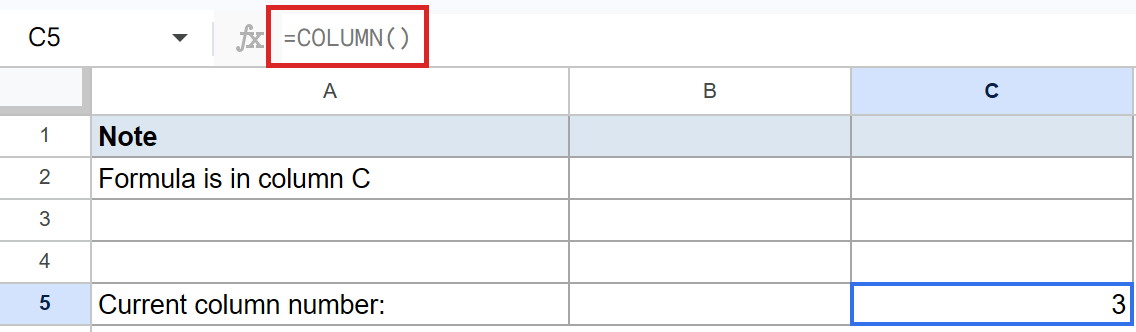 Google Sheets: The COLUMN() formula in C5 returns 3, indicating column C.