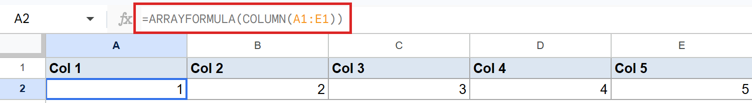 A2 shows `=ARRAYFORMULA(COLUMN(A1:E1))` spilling column numbers 1 to 5.