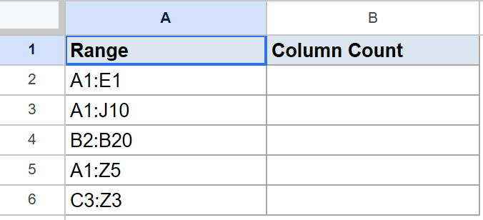 Google Sheet: Column A lists five ranges. Column B ("Column Count") is empty.