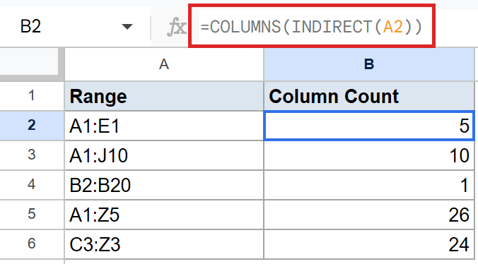 Google Sheets formula =COLUMNS(INDIRECT(A2)) in B2, yielding 5 for range A1:E1.