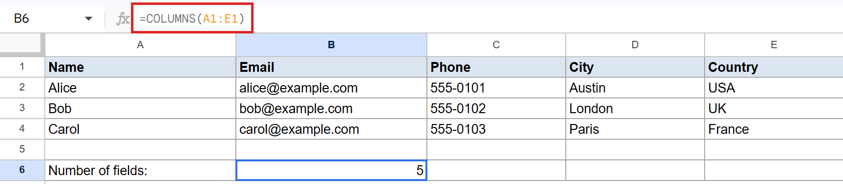 Google Sheets: =COLUMNS(A1:E1) formula in B6 returns 5, counting 5 header columns.