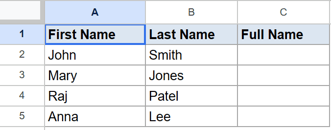 Google Sheets dataset: First Name, Last Name filled; Full Name column empty.