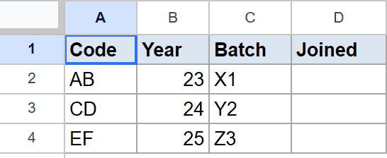 Google Sheets data: Code, Year, Batch values, with an empty 'Joined' column for concatenation.