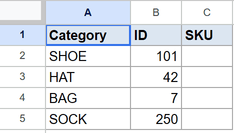 Google Sheets dataset with columns Category, ID, SKU, showing product data for concatenation.