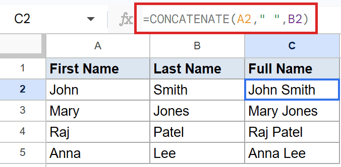 Google Sheets: CONCATENATE(A2, " ", B2) in formula bar, "John Smith" in C2.