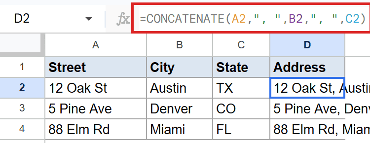 Google Sheets: D2's CONCATENATE formula in the bar joins street, city, state for address.